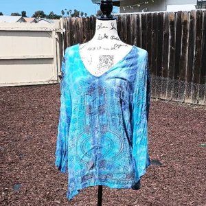Boho Greater Good Indian India L/XL Hippie Hippy Tie-Dye Blue Top Blouse Vee